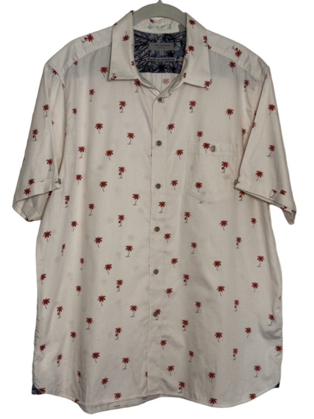 Men's Ted Baker Size 7 Casual Button Down Shirt XL Off-White Red Palm Trees